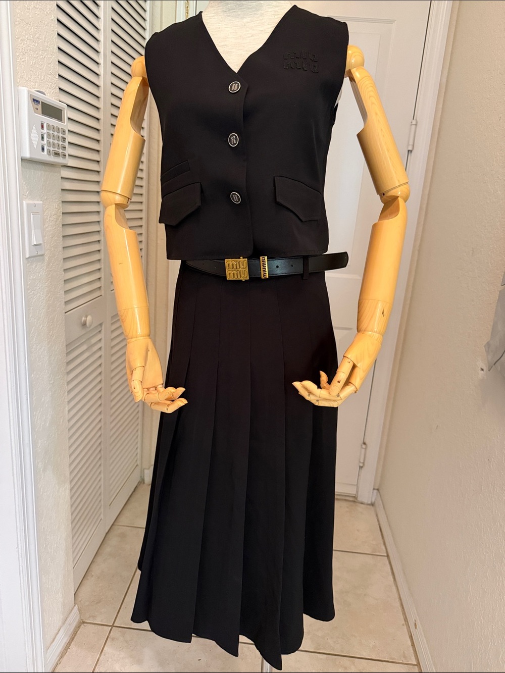 Miu Miu Black Pleated Midi Skirt with Matching Vest